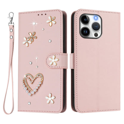 For iPhone 16 Pro Max Case Pearls Heart Diamond Flower Decor Leather Wallet Phone Cover with Wrist Strap