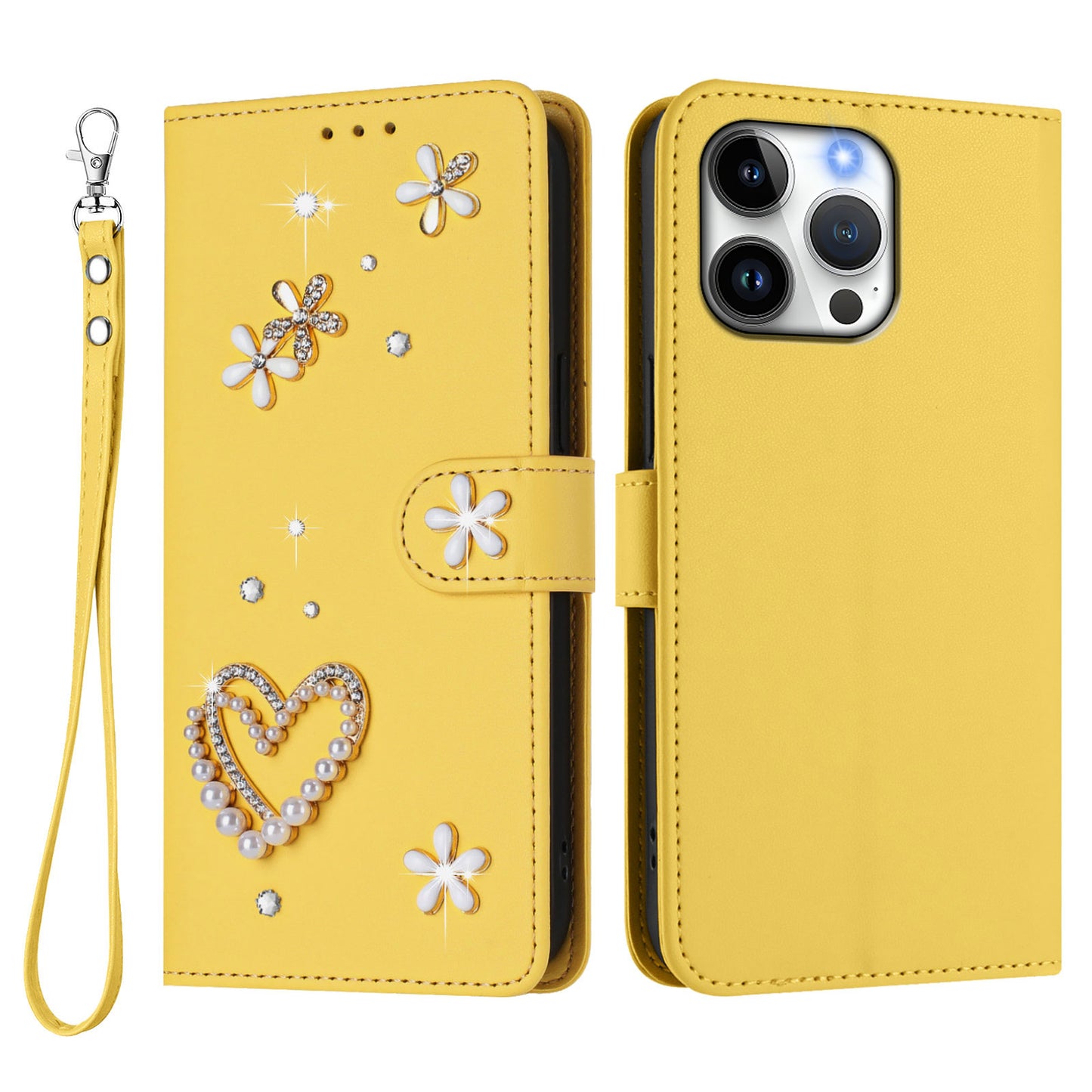 For iPhone 16 Pro Max Case Pearls Heart Diamond Flower Decor Leather Wallet Phone Cover with Wrist Strap