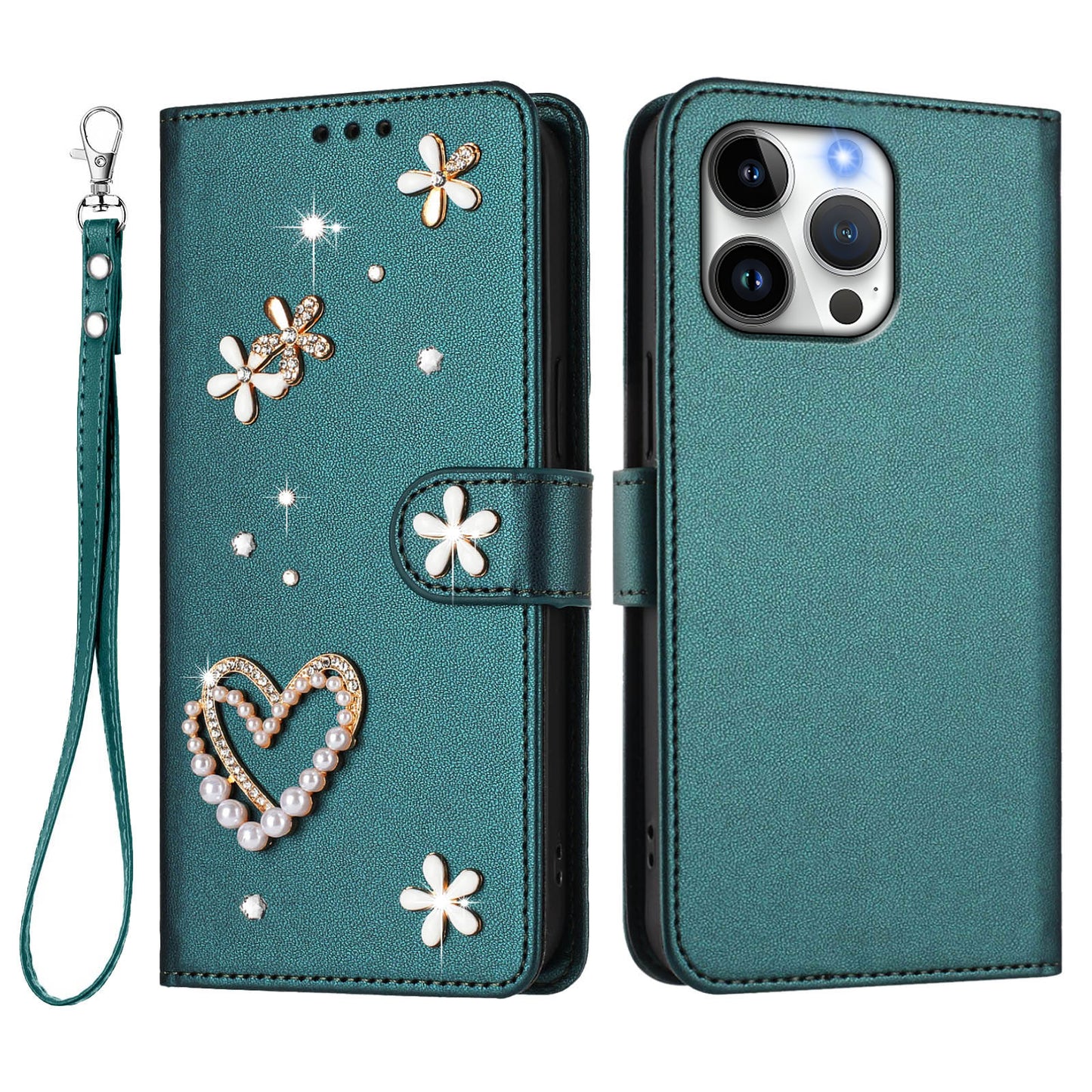 For iPhone 16 Pro Max Case Pearls Heart Diamond Flower Decor Leather Wallet Phone Cover with Wrist Strap