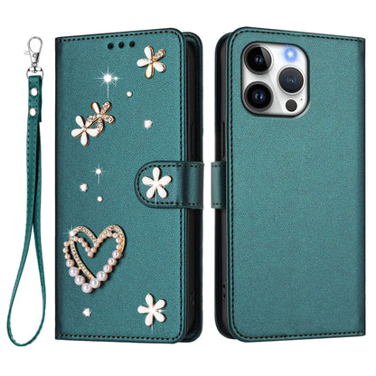 For iPhone 16 Pro Max Case Pearls Heart Diamond Flower Decor Leather Wallet Phone Cover with Wrist Strap