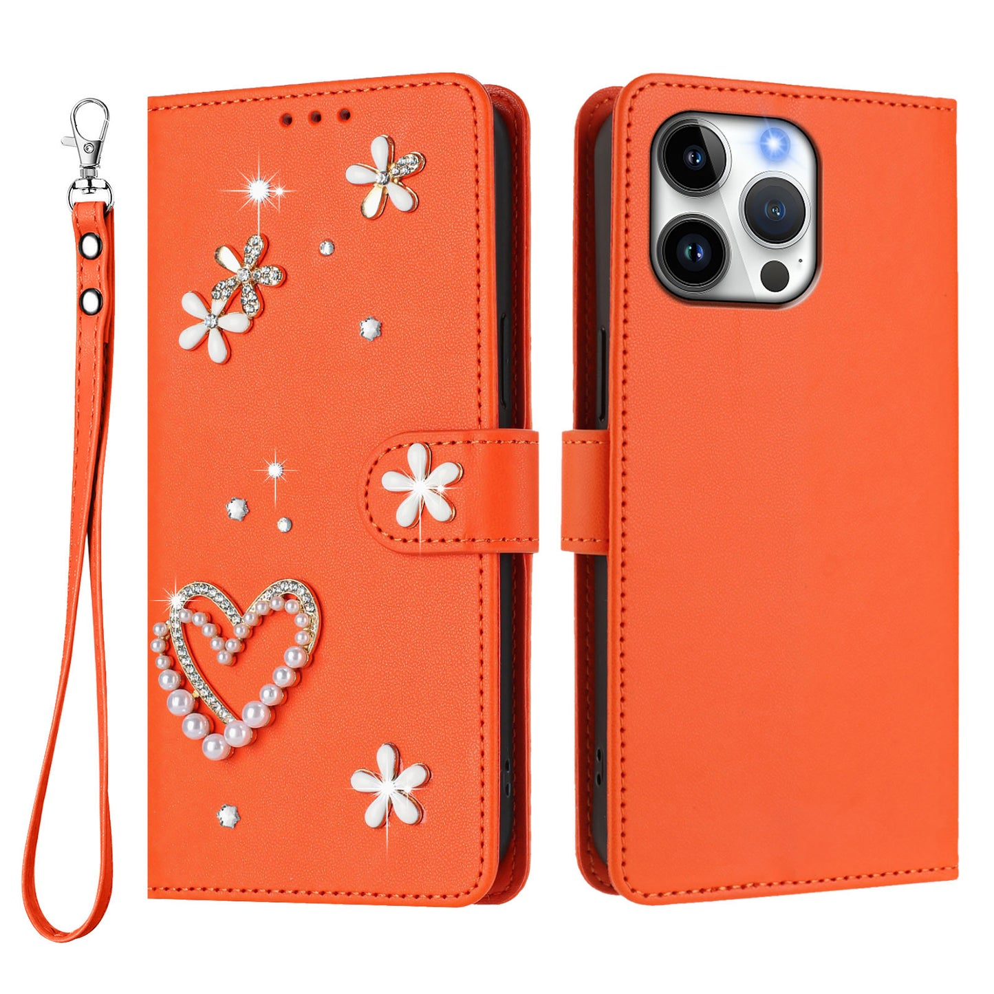 For iPhone 16 Pro Max Case Pearls Heart Diamond Flower Decor Leather Wallet Phone Cover with Wrist Strap