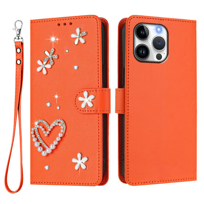 For iPhone 16 Pro Max Case Pearls Heart Diamond Flower Decor Leather Wallet Phone Cover with Wrist Strap