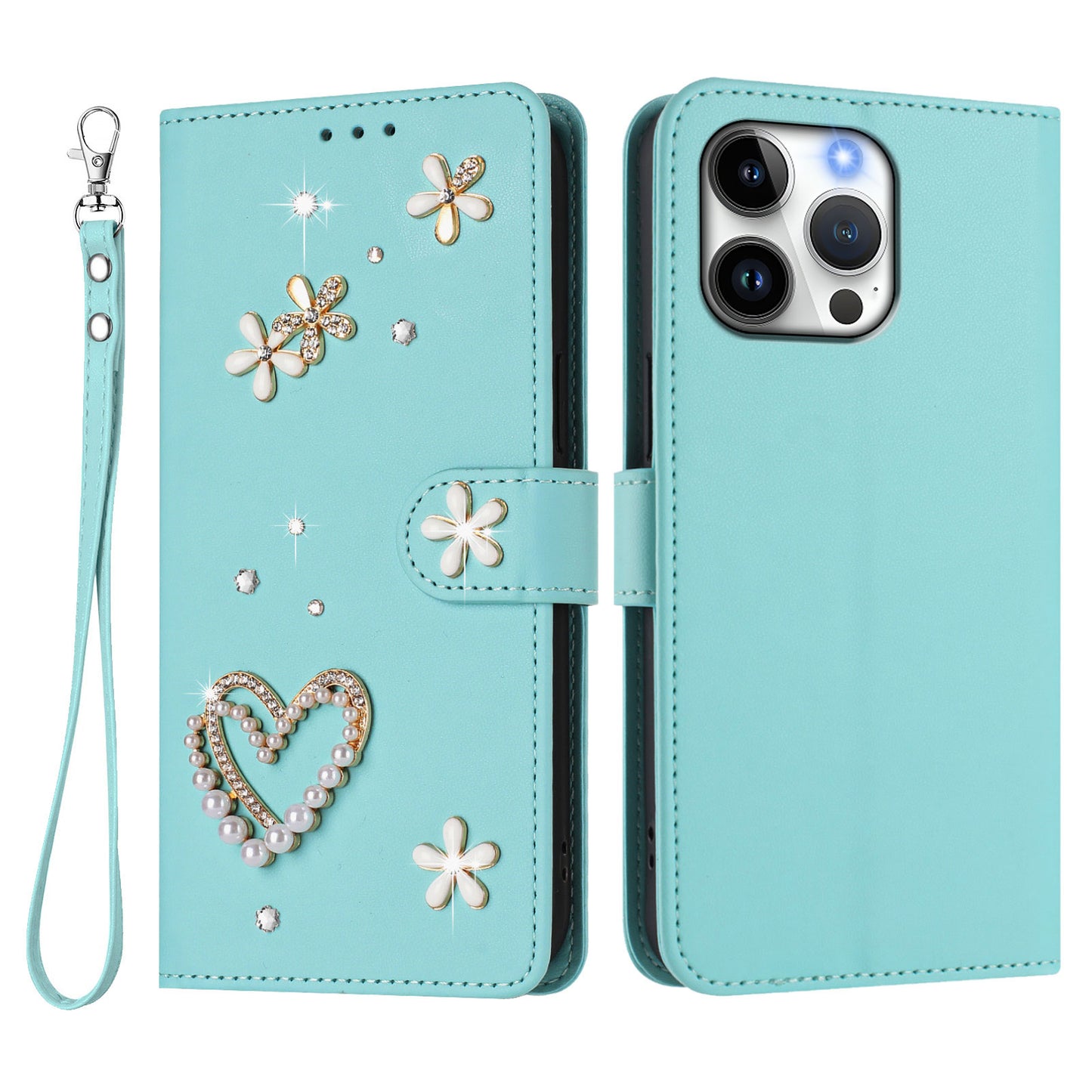 For iPhone 16 Pro Max Case Pearls Heart Diamond Flower Decor Leather Wallet Phone Cover with Wrist Strap