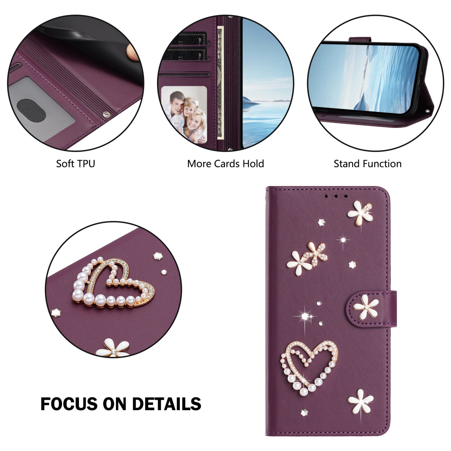 For iPhone 17 Pro Case Pearls Heart Diamond Flower Decor Leather Wallet Phone Cover with Wrist Strap