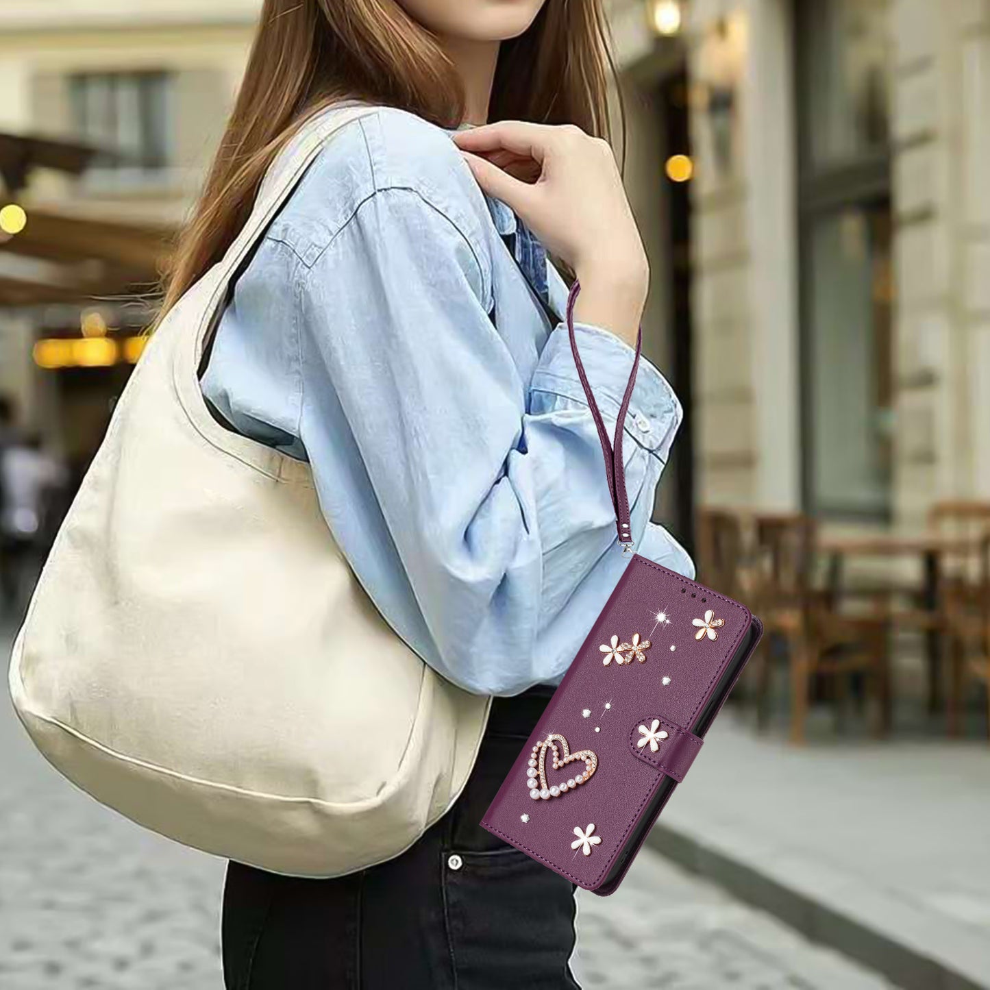 For iPhone 17 Pro Case Pearls Heart Diamond Flower Decor Leather Wallet Phone Cover with Wrist Strap