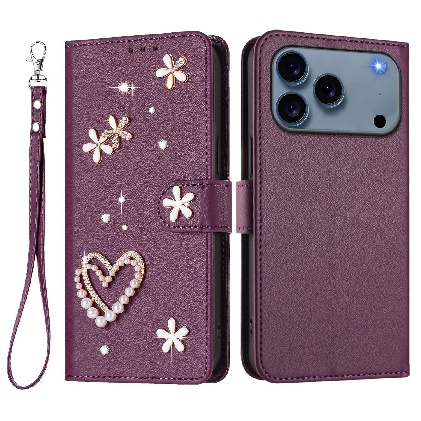 For iPhone 17 Pro Case Pearls Heart Diamond Flower Decor Leather Wallet Phone Cover with Wrist Strap