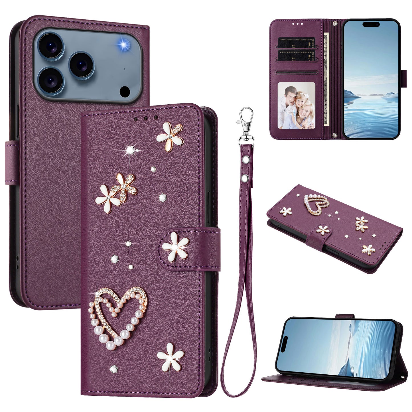 For iPhone 17 Pro Case Pearls Heart Diamond Flower Decor Leather Wallet Phone Cover with Wrist Strap