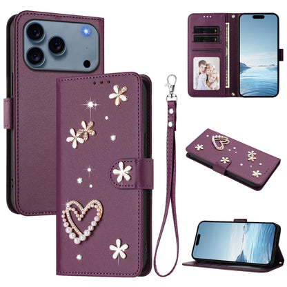 For iPhone 17 Pro Case Pearls Heart Diamond Flower Decor Leather Wallet Phone Cover with Wrist Strap