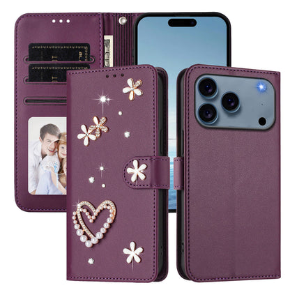 For iPhone 17 Pro Case Pearls Heart Diamond Flower Decor Leather Wallet Phone Cover with Wrist Strap