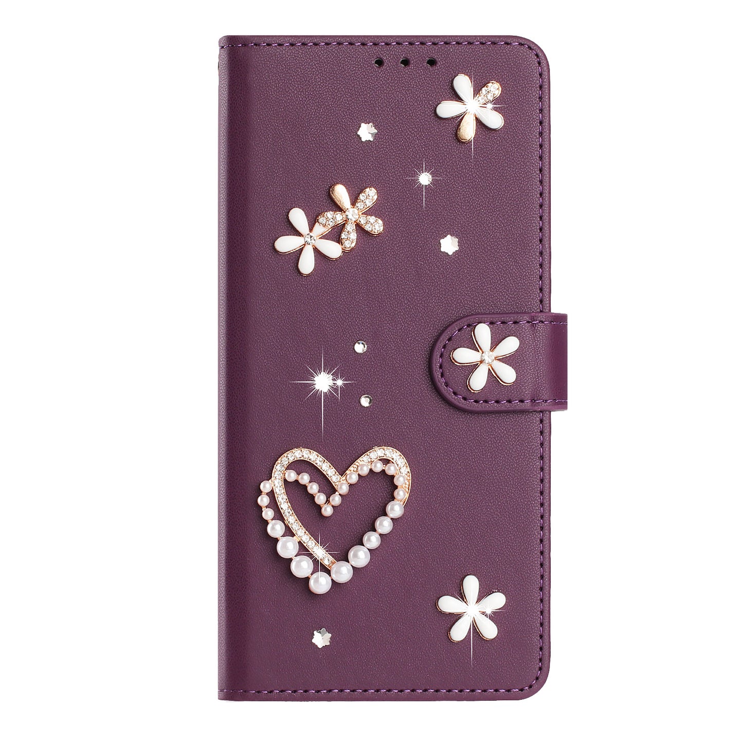 For iPhone 17 Pro Case Pearls Heart Diamond Flower Decor Leather Wallet Phone Cover with Wrist Strap
