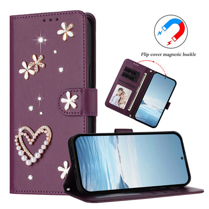 For iPhone 17 Pro Case Pearls Heart Diamond Flower Decor Leather Wallet Phone Cover with Wrist Strap