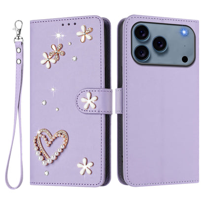 For iPhone 17 Pro Case Pearls Heart Diamond Flower Decor Leather Wallet Phone Cover with Wrist Strap