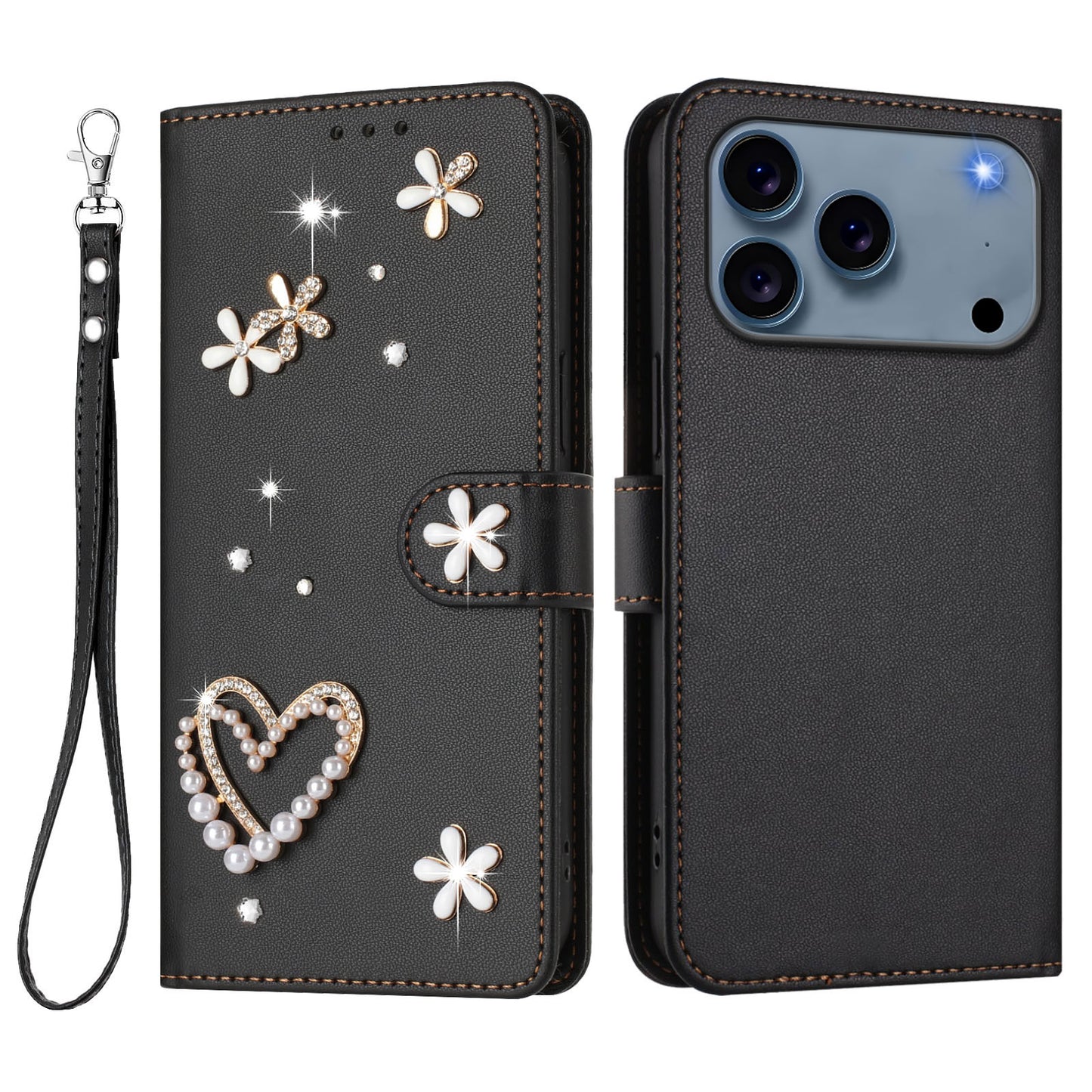 For iPhone 17 Pro Case Pearls Heart Diamond Flower Decor Leather Wallet Phone Cover with Wrist Strap