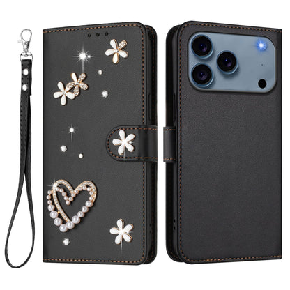 For iPhone 17 Pro Case Pearls Heart Diamond Flower Decor Leather Wallet Phone Cover with Wrist Strap