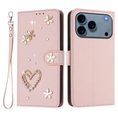For iPhone 17 Pro Case Pearls Heart Diamond Flower Decor Leather Wallet Phone Cover with Wrist Strap