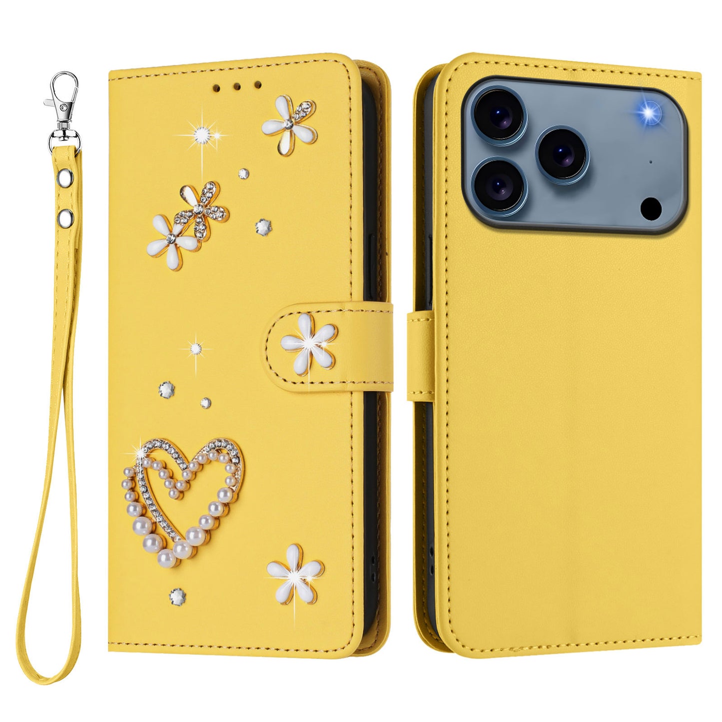 For iPhone 17 Pro Case Pearls Heart Diamond Flower Decor Leather Wallet Phone Cover with Wrist Strap