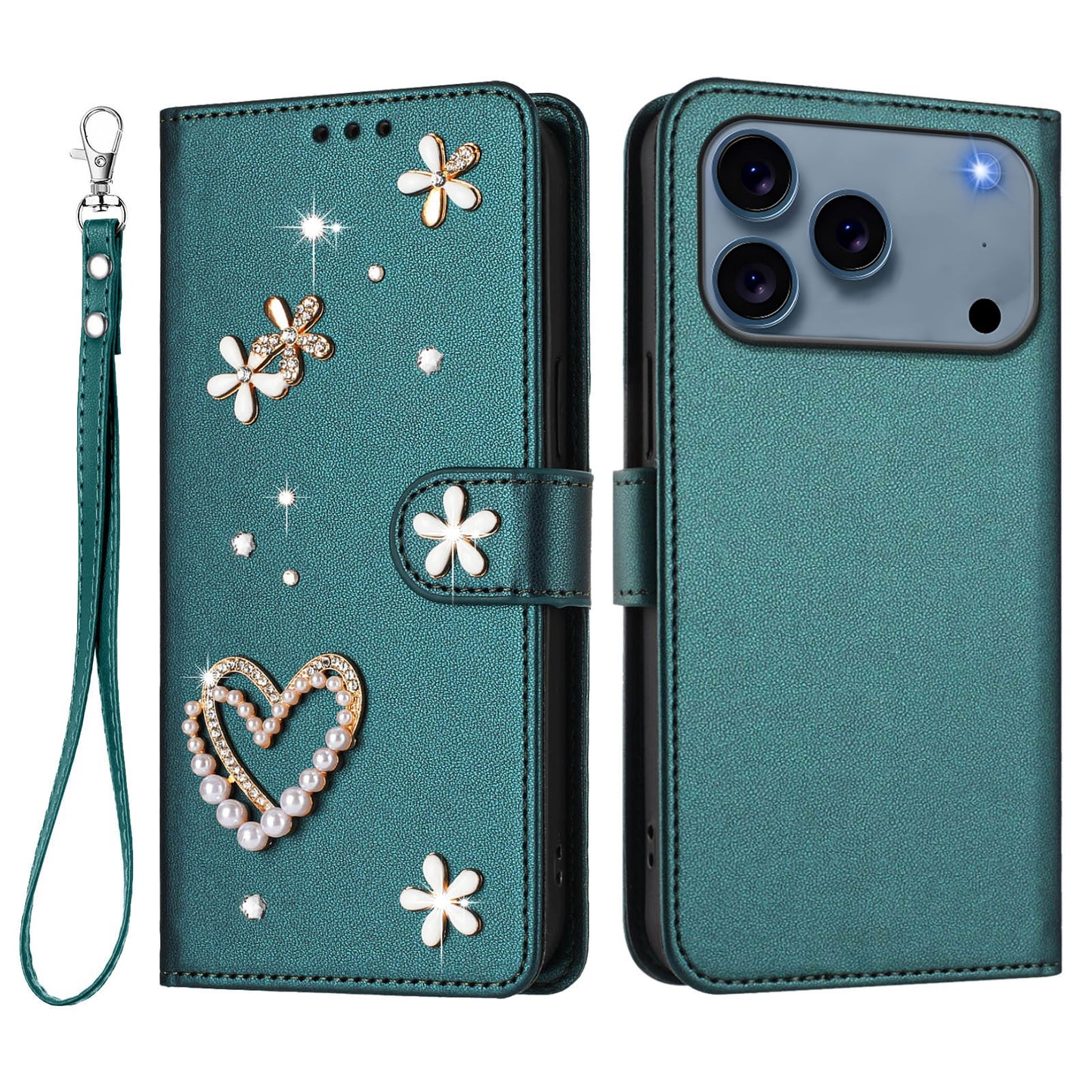 For iPhone 17 Pro Case Pearls Heart Diamond Flower Decor Leather Wallet Phone Cover with Wrist Strap