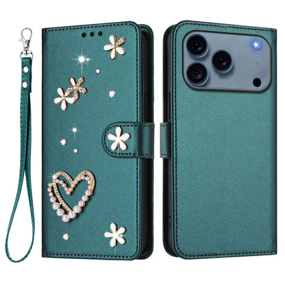 For iPhone 17 Pro Case Pearls Heart Diamond Flower Decor Leather Wallet Phone Cover with Wrist Strap