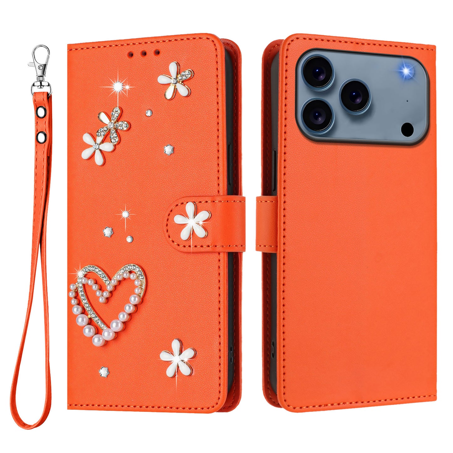 For iPhone 17 Pro Case Pearls Heart Diamond Flower Decor Leather Wallet Phone Cover with Wrist Strap