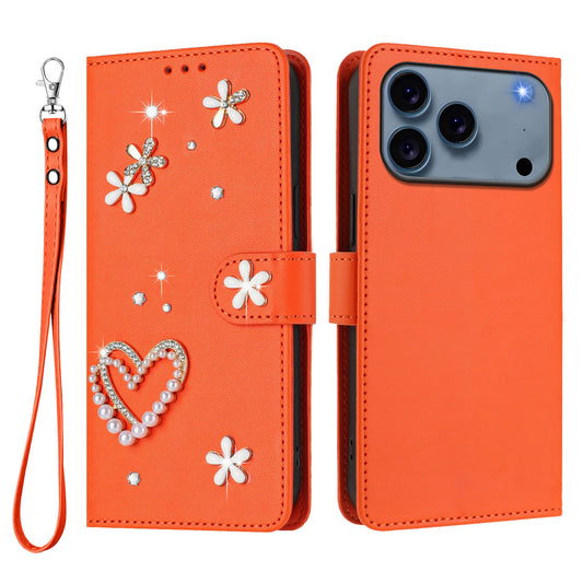 For iPhone 17 Pro Case Pearls Heart Diamond Flower Decor Leather Wallet Phone Cover with Wrist Strap