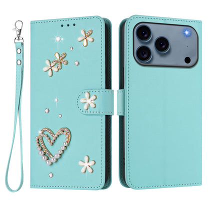 For iPhone 17 Pro Case Pearls Heart Diamond Flower Decor Leather Wallet Phone Cover with Wrist Strap