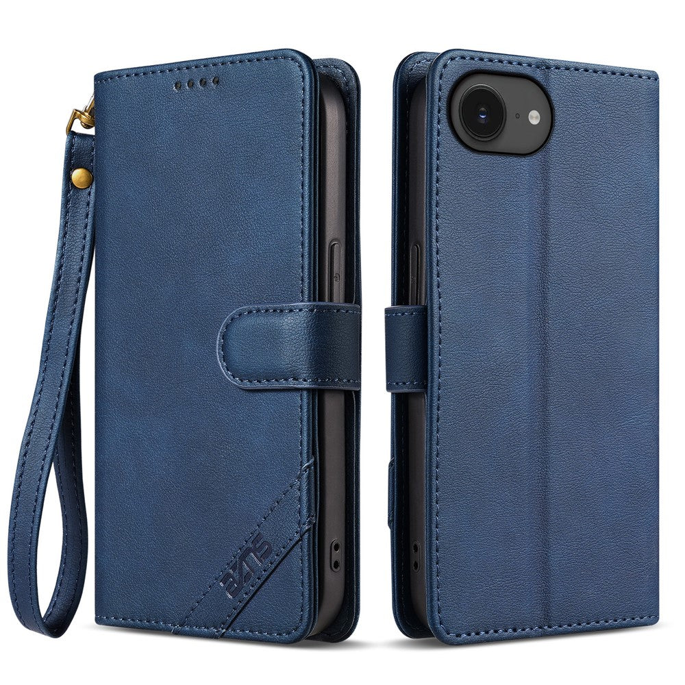 AZNS A2 for iPhone 17e  /  16e Leather Case with Wrist Strap RFID Blocking Wallet Stand Phone Cover