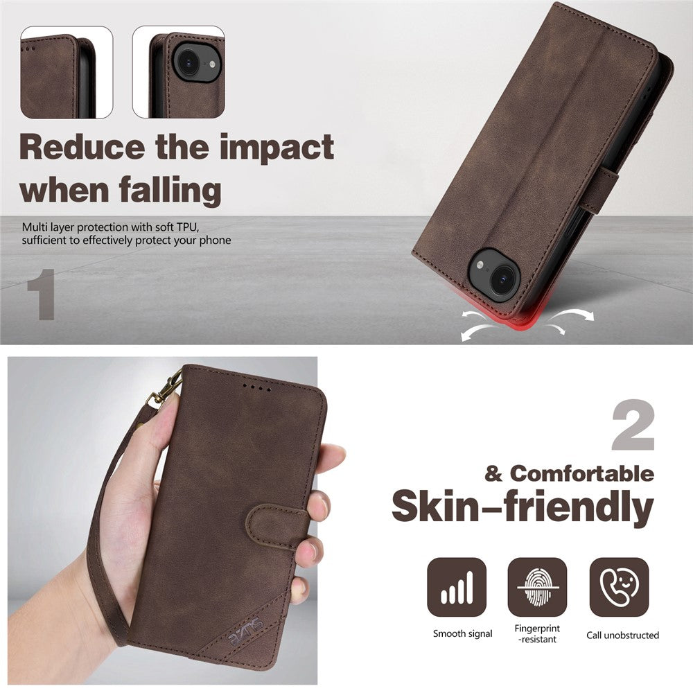 AZNS A2 for iPhone 17e  /  16e Leather Case with Wrist Strap RFID Blocking Wallet Stand Phone Cover