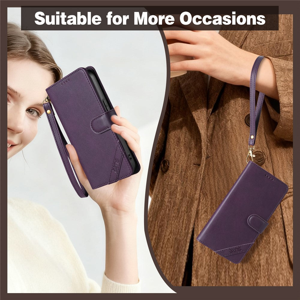 AZNS A2 for iPhone 17e  /  16e Leather Case with Wrist Strap RFID Blocking Wallet Stand Phone Cover