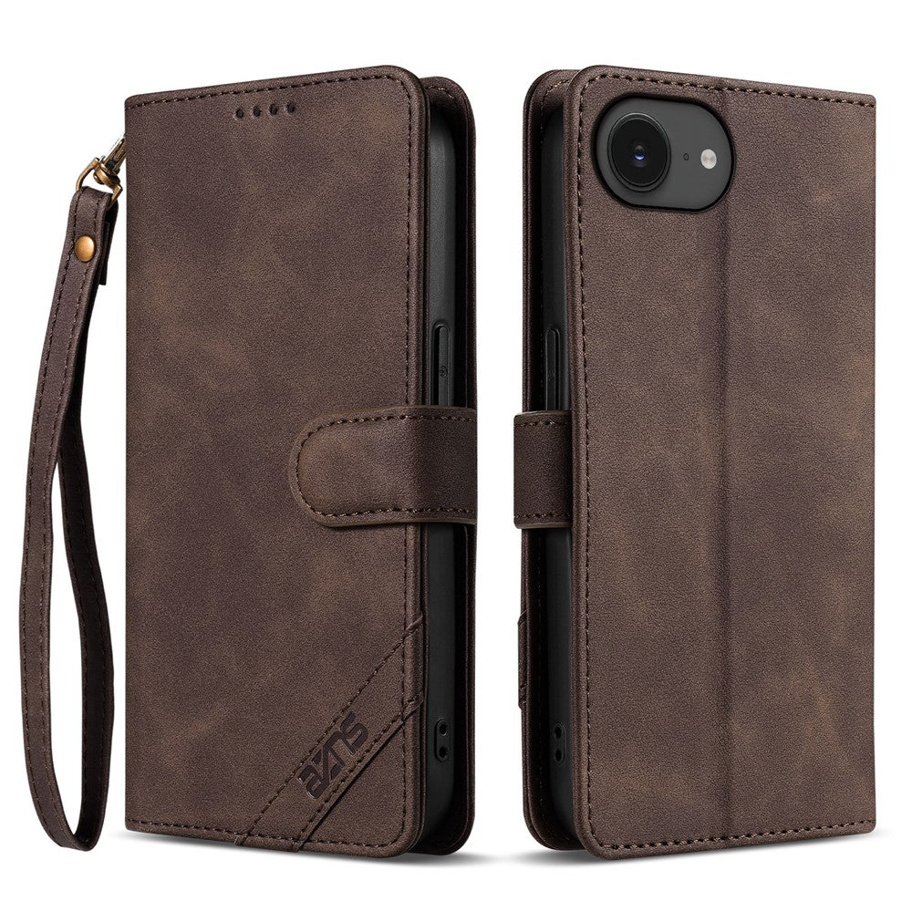 AZNS A2 for iPhone 17e  /  16e Leather Case with Wrist Strap RFID Blocking Wallet Stand Phone Cover