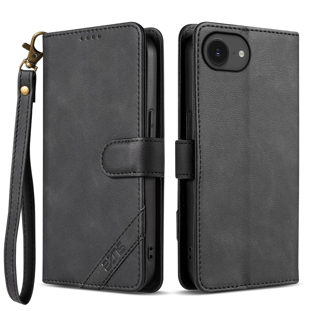 AZNS A2 for iPhone 17e  /  16e Leather Case with Wrist Strap RFID Blocking Wallet Stand Phone Cover