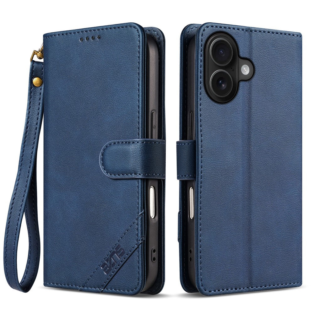 AZNS A2 for iPhone 16 Leather Case with Wrist Strap RFID Blocking Wallet Stand Phone Cover