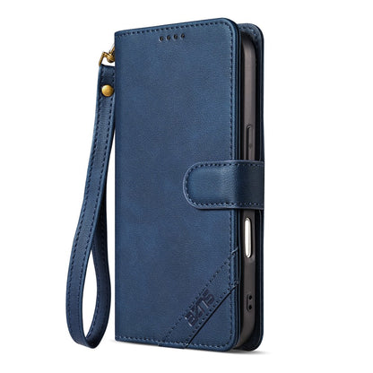 AZNS A2 for iPhone 16 Leather Case with Wrist Strap RFID Blocking Wallet Stand Phone Cover