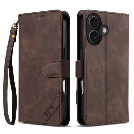 AZNS A2 for iPhone 16 Leather Case with Wrist Strap RFID Blocking Wallet Stand Phone Cover