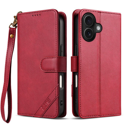 AZNS A2 for iPhone 16 Leather Case with Wrist Strap RFID Blocking Wallet Stand Phone Cover