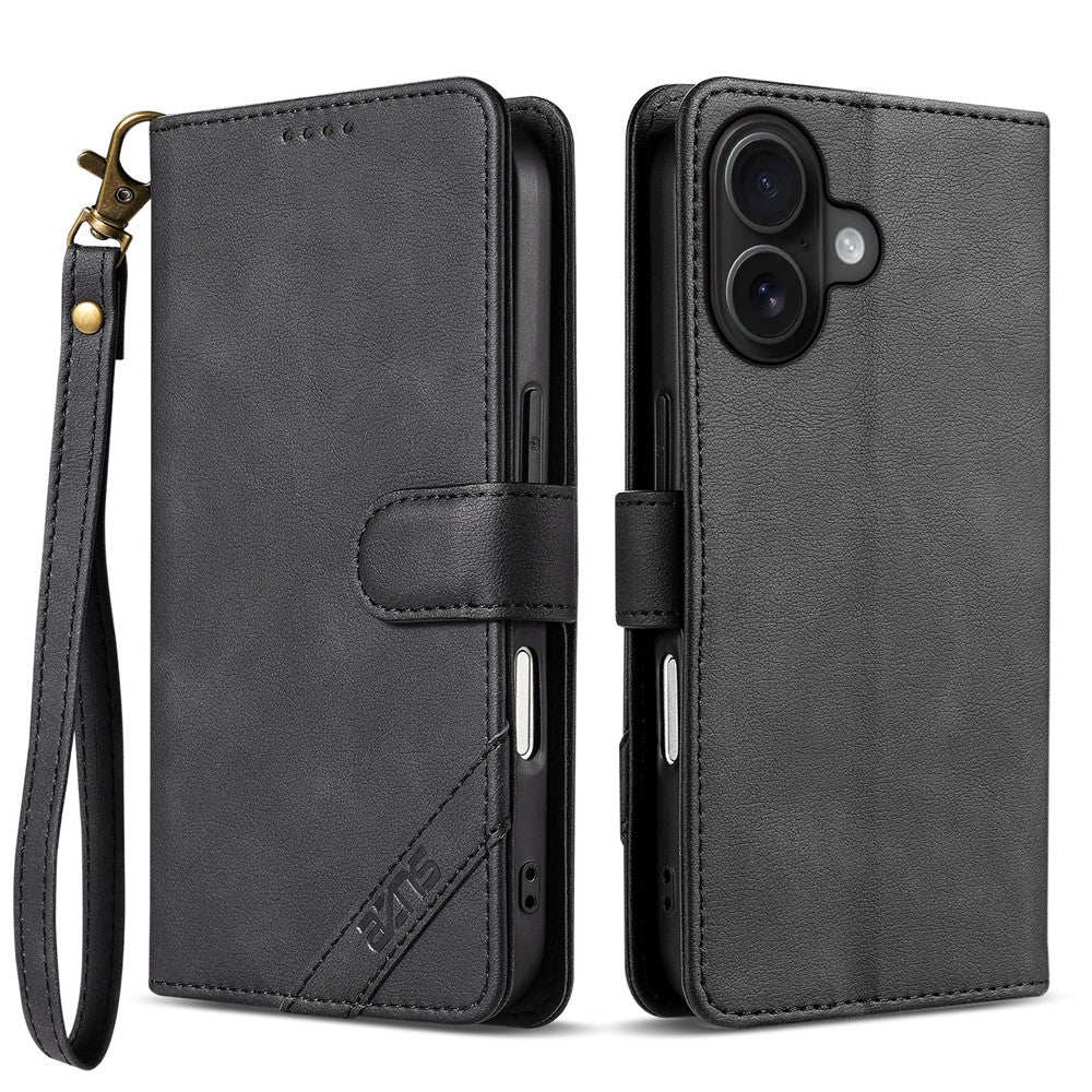 AZNS A2 for iPhone 16 Leather Case with Wrist Strap RFID Blocking Wallet Stand Phone Cover