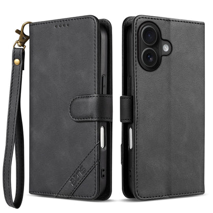 AZNS A2 for iPhone 16 Leather Case with Wrist Strap RFID Blocking Wallet Stand Phone Cover