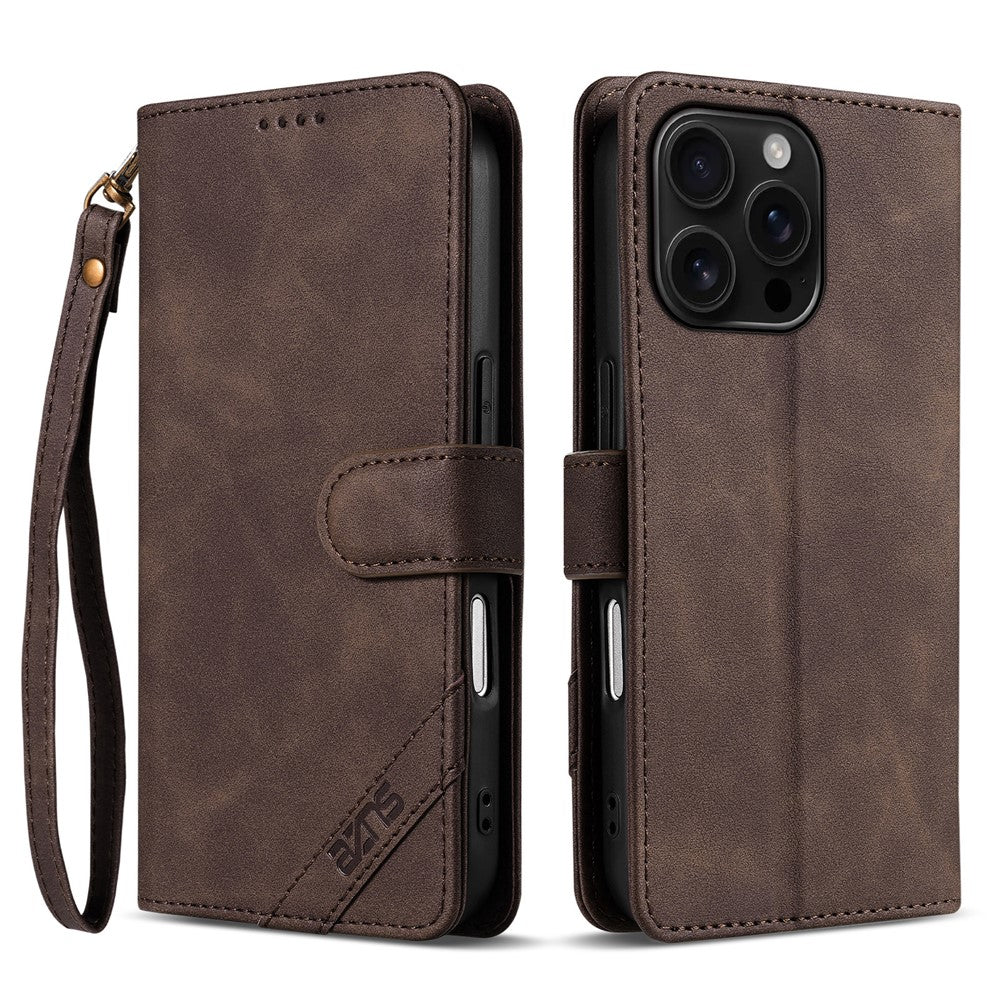 AZNS A2 for iPhone 16 Pro Max Leather Case with Wrist Strap RFID Blocking Wallet Stand Phone Cover
