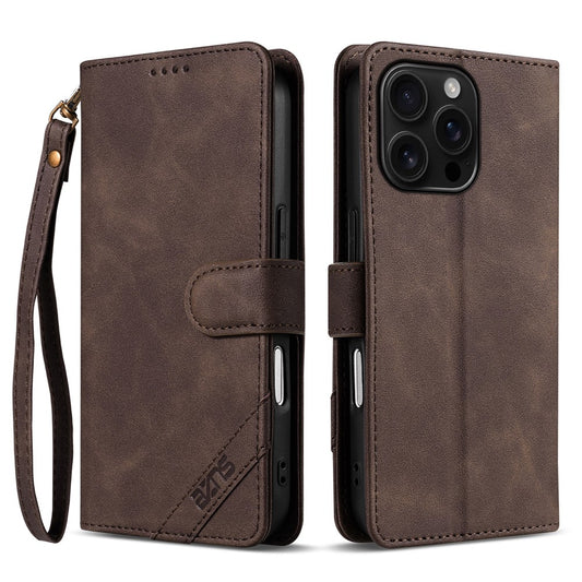 AZNS A2 for iPhone 16 Pro Max Leather Case with Wrist Strap RFID Blocking Wallet Stand Phone Cover
