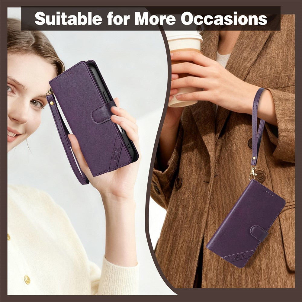 AZNS A2 for iPhone 16 Pro Max Leather Case with Wrist Strap RFID Blocking Wallet Stand Phone Cover
