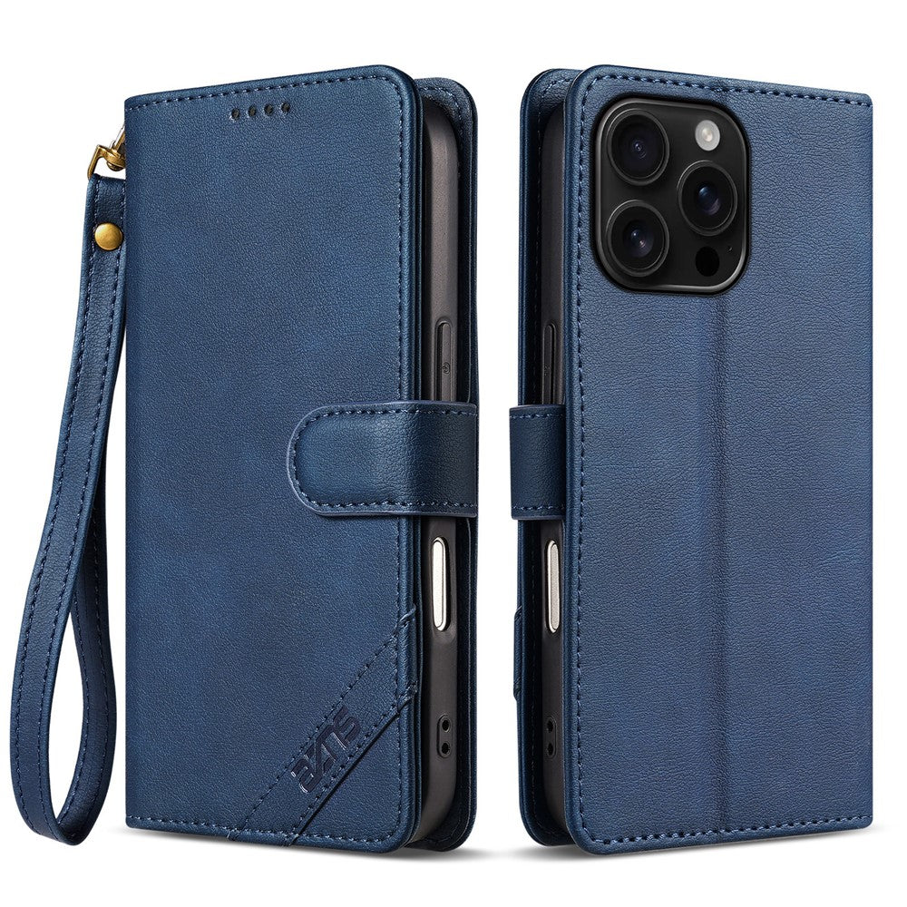 AZNS A2 for iPhone 16 Pro Max Leather Case with Wrist Strap RFID Blocking Wallet Stand Phone Cover