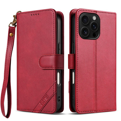 AZNS A2 for iPhone 16 Pro Max Leather Case with Wrist Strap RFID Blocking Wallet Stand Phone Cover