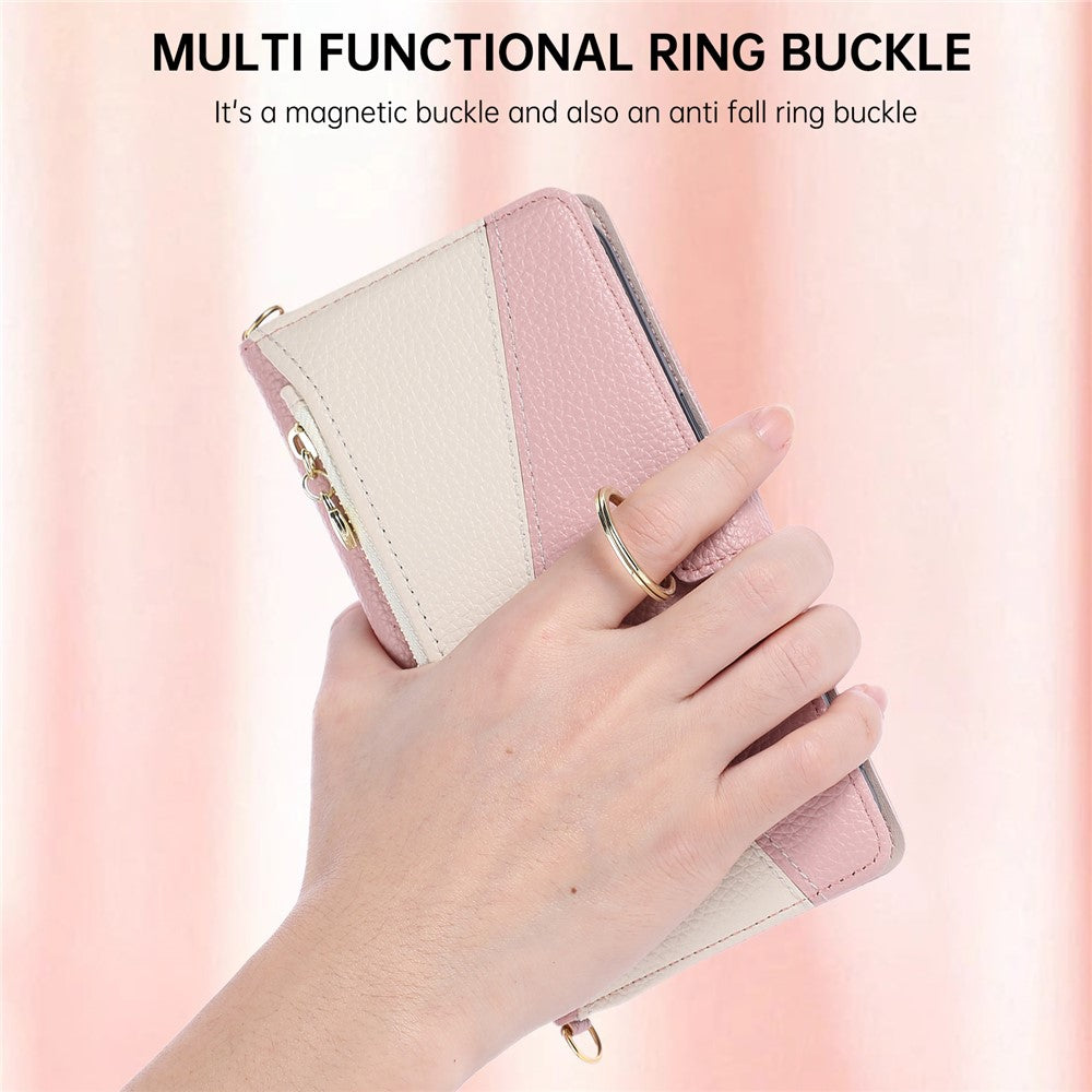 Wallet Case for iPhone 17e  /  16e Triangular Splicing Zipper Leather Flip Cover with Wrist Strap