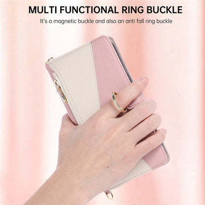 Wallet Case for iPhone 17e  /  16e Triangular Splicing Zipper Leather Flip Cover with Wrist Strap