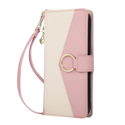 Wallet Case for iPhone 17e  /  16e Triangular Splicing Zipper Leather Flip Cover with Wrist Strap