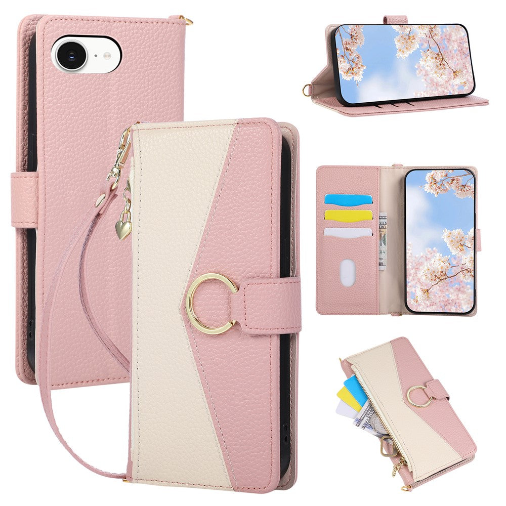 Wallet Case for iPhone 17e  /  16e Triangular Splicing Zipper Leather Flip Cover with Wrist Strap
