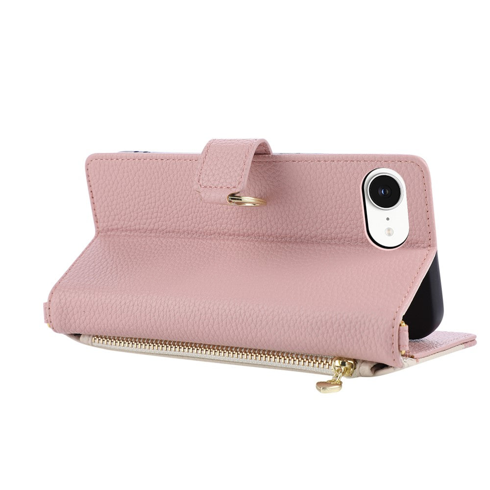 Wallet Case for iPhone 17e  /  16e Triangular Splicing Zipper Leather Flip Cover with Wrist Strap