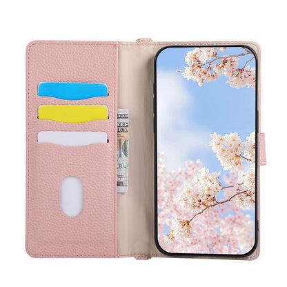 Wallet Case for iPhone 17e  /  16e Triangular Splicing Zipper Leather Flip Cover with Wrist Strap