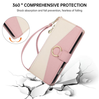 Wallet Case for iPhone 17e  /  16e Triangular Splicing Zipper Leather Flip Cover with Wrist Strap