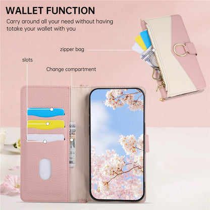 Wallet Case for iPhone 17e  /  16e Triangular Splicing Zipper Leather Flip Cover with Wrist Strap