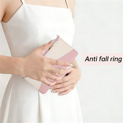Wallet Case for iPhone 17e  /  16e Triangular Splicing Zipper Leather Flip Cover with Wrist Strap